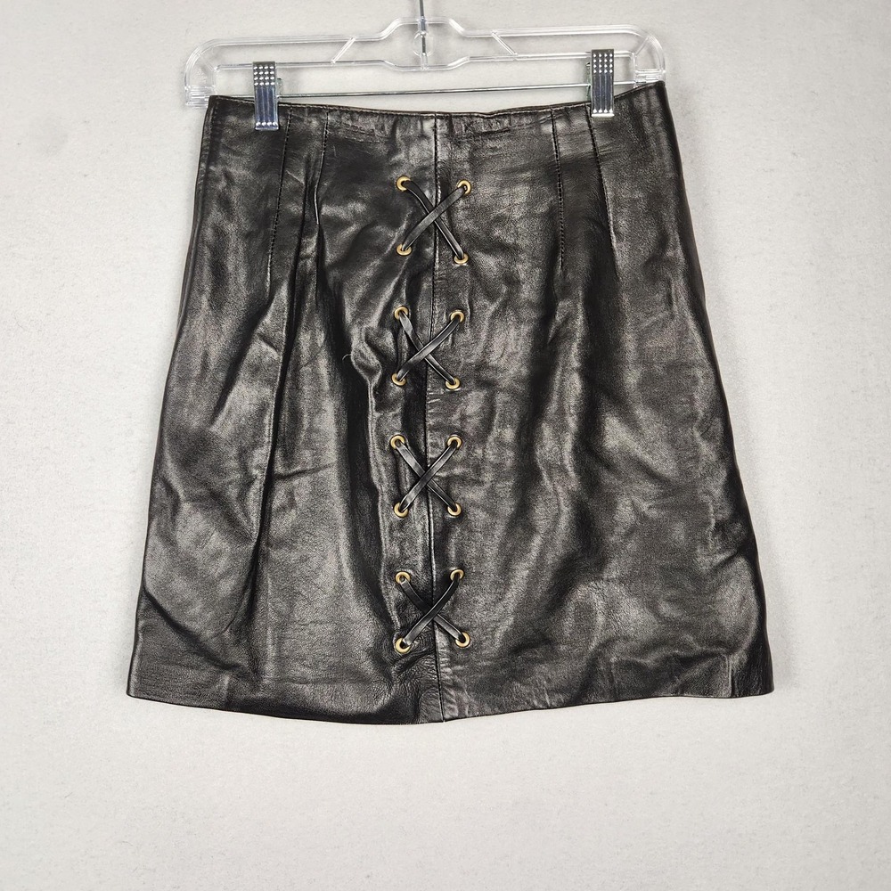Cedars Skirt Womens 8 Black Leather Corset Lace Up Side Zip Made USA Mini Lined